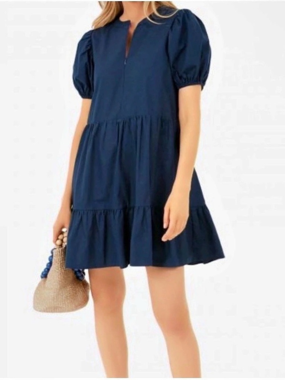 Hyacinth House Mini Tiered Puff Sleeve Dress in Blue Size Large